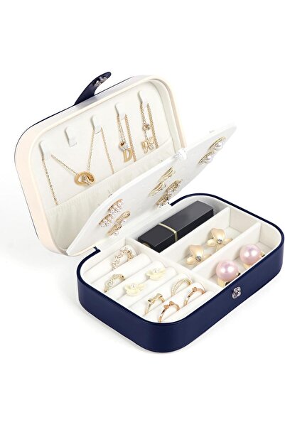 The Bros صندوق مجوهرات للسفر، منظم مجوهرات جلدي صغير للنساء والفتيات (أزرق داكن)
