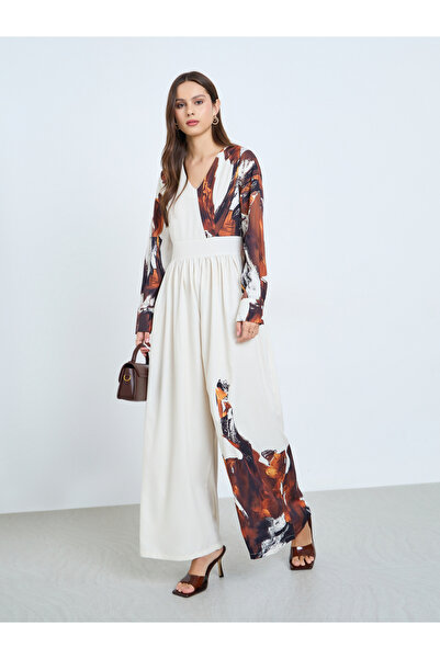 Take Two By Styli Off White Wide Leg Printed Jumpsuit
