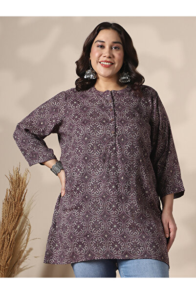 Globus By Styli Plus Size Brown Ethnic Print Tunic Top