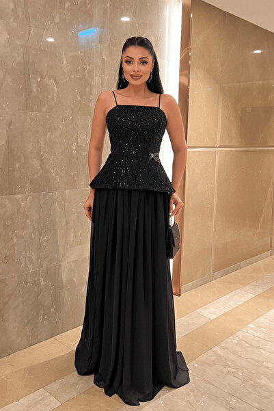giyimmasalı Top Beaded Fabric Bottom Chiffon Designer Dress - Black