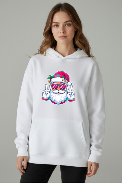 Windy Island سويت شيرت نسائي قصة فضفاضة مصنوع من القطن بنسبة 100%، موديل “سانتا كلوز المبهج” مطبوع بغطاء رأس