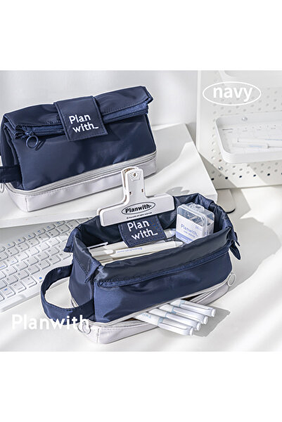 Choice مقلمة أقلام رصاص زرقاء داكنة بسيطة ذات طبقتين، قابلة للطي، ذات سعة كبي...