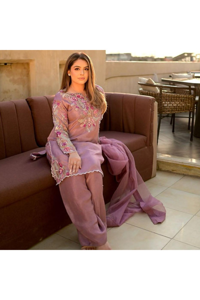 MYSMAR طقم بلوزة وبنطال وشال من حرير الكريب البنفسجي - HRT3326 | بنفسجي