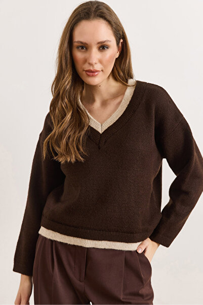 Olalook Women's Brown Collar and Skirt Detailed Knitwear Sweater Kzk-19001097