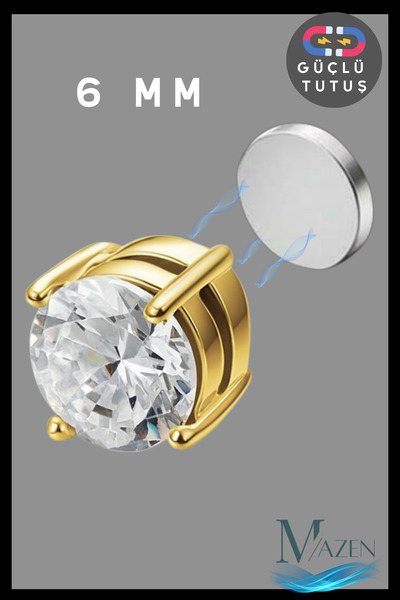 MAZEN أقراط سوليتير 6 مم مع مغناطيس قوي |   316L فولاذ ذهبي |   أقراط مزيفة بدون ثقوب |   رجل امرأة |   1 قطعة