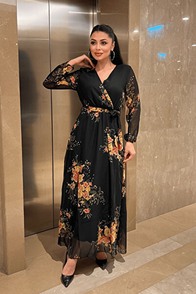 giyimmasalı Chiffon Fabric Elastic Waist Dress - Black