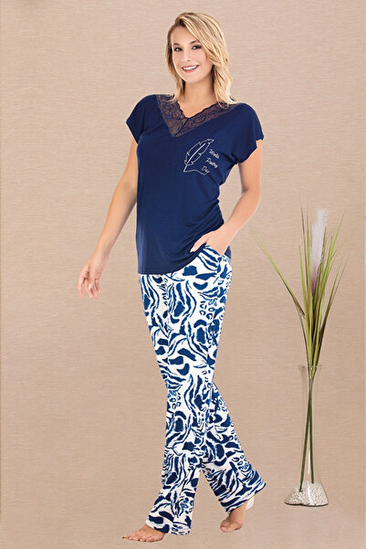 aynora Women's Patterned V-Neck Lace Inside Short Sleeve Pajama Set