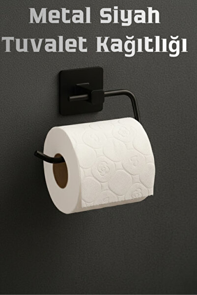 Eco Lounge Metal Siyah Yapışkanlı Tuvalet Kağıtlığı | Delme Gerektirmez | Pas...
