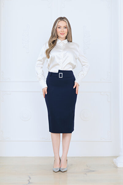 QUBERZ High Waist Buckled Pencil Skirt | Office Stylish Thick Fabric Below-Knee Skirt