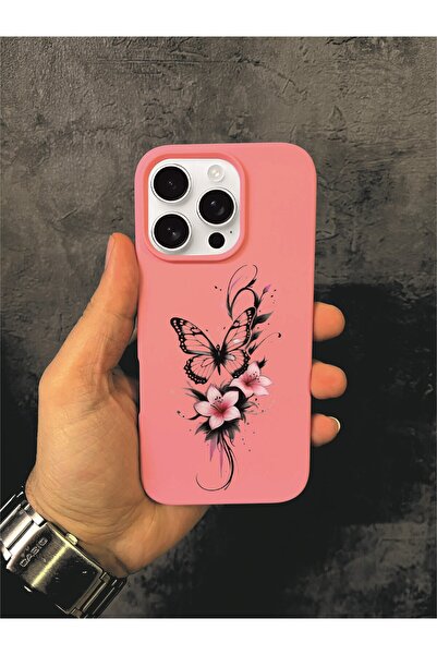 ALYACEPSTORE CASE حافظة آيفون 16 برو المتوافقة بنمط الفراشة باللون الوردي