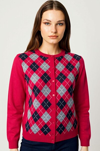 Desen Triko Women's Crew Neck Front Checkered Wool Cardigan Dark Red