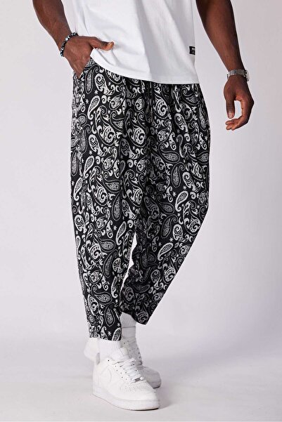 FG KONNİCHİWA Unisex Ethnic Patterned Loose Hippie Bohemian Baggy Pants with Elastic Waist and Cuffs and Pockets Ethnic Design