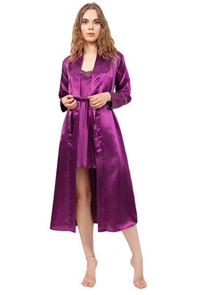 cherry queen طقم ملابس نوم وروب صباحي فاخر للنساء مصنوع من الساتان مع تفاصيل من الدانتيل