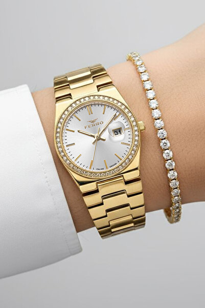 FERRO Yeni Model Çelik Bilezik Altın Sarısı Gümüş Kadran Kadın Kol Saati + Bi...