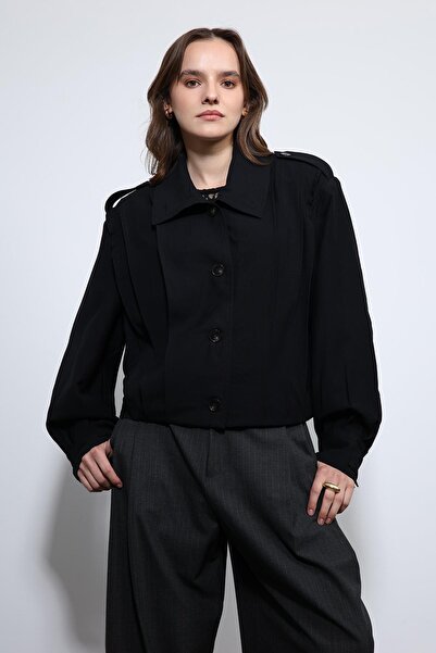 Antioch Black Pleated Detailed Mock Neck Coat
