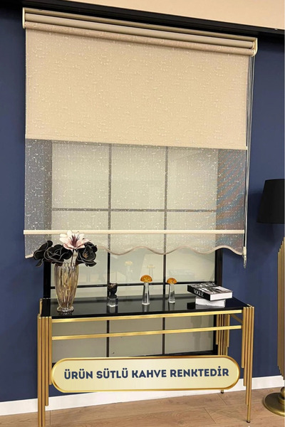 EYMENS HOME JT11 Çift Mekanizmalı Benekli Tül ve Stor Perde Etek Dilimli (Sütlü Kahverengi )