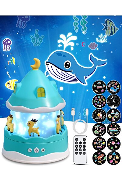 Oxsaytee جهاز عرض ليلي للأطفال - ١٢ موسيقى و١٢ فيلمًا، قابل لإعادة الشحن عبر منفذ USB-C، مزود بجهاز تحكم عن بعد ومؤقت