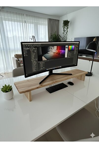 NeFizzDoğa Karaağaçtan Ahşap Monitor-TV Standı (El Yapımı) Bilgisayar-Çalışma Masası Yükseltici, (100x20x10 cm)