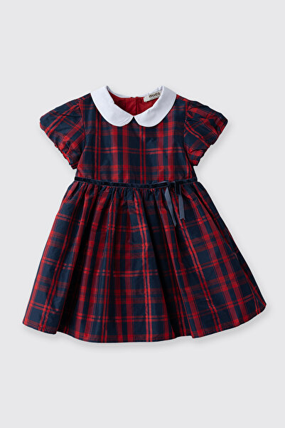 Panço Kız Bebek Bebe Yaka Fiyonk Detaylı Kısa Kollu Ekoseli Lacivert Parti Elbisesi