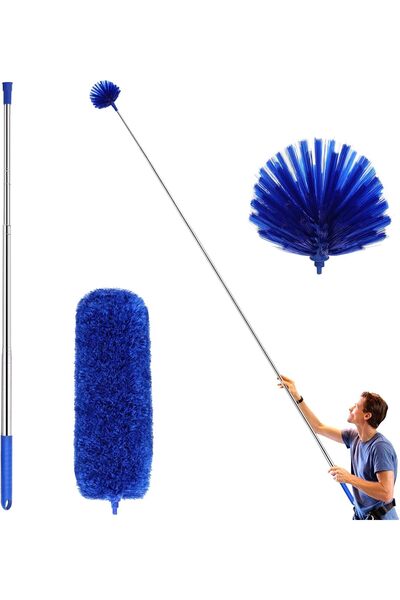 ZZ LAZYCOTTAGE Ceiling Fan Duster with Extension Pole, 2 Duster Heads, 15-100 Inch Telescoping Pole, Washable (Blue