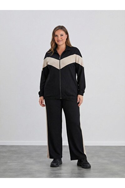 Koza Butik Women's Plus Size Long Sleeve Paneled Zippered Mock Neck Piece Sweatsuit Set 8216-26 (4336K)