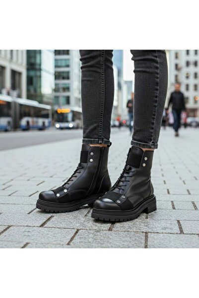 Modlet.ro Ghete negre pentru femei din piele naturală, cu fermoar, șireturi ș...