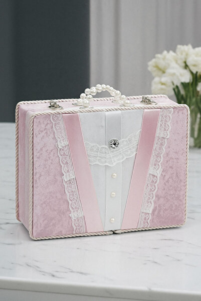 ihvan online Dantel Süslemeli İnci Kulplu Çeyizlik Gelin Bohça Sandık - Pembe