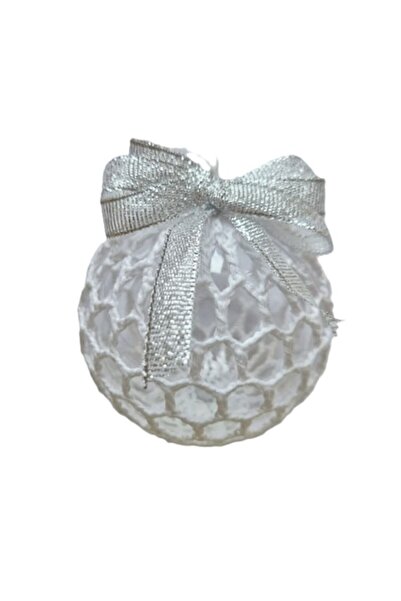 OEM Hand-crocheted Christmas bauble on 8.5 cm plastic support, white & silver