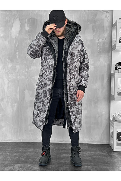 İKONAMODA kürklü Gri Uzun Mont Parka