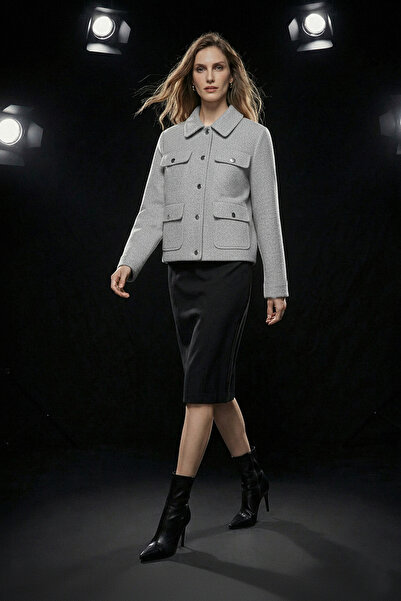 Robin Women's Gray Pocket Detailed Silver Buttoned Cashmere Jacket