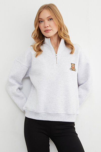 Fulla Moda 3 Thread Teddy Bear Embroidered Half-Zip Sweatshirt