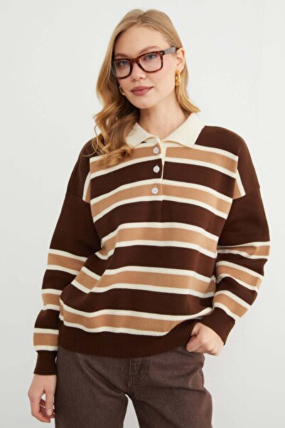 Fulla Moda Striped Half Button Polo Neck Knitwear Sweater