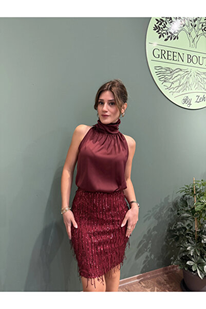 Greenboutique Püsküllü Payet Kısa Etek Bordo