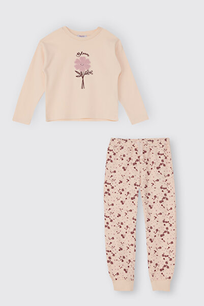 Panço Kız Çocuk Çiçek Desenli Bej Pijama Takımı