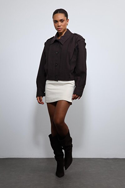 Antioch Dark Brown Pleated Detailed Mock Neck Coat