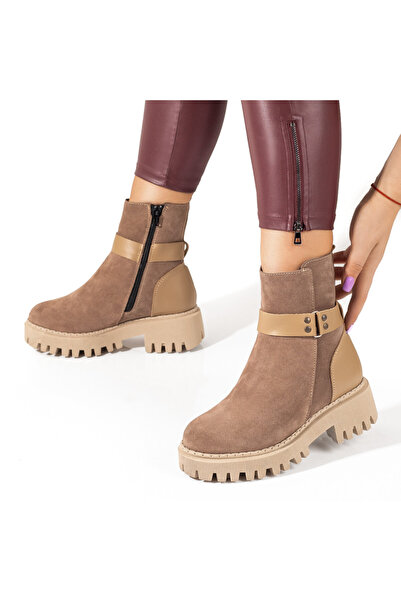 Modlet.ro Ghete de damă bej din piele naturală cu fermoar și talpă groasă MOD...