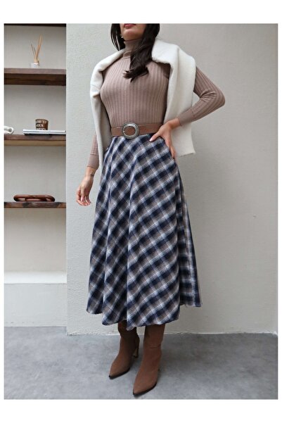 ESRAHELVACI Plaid Pocketed Flared Long Skirt