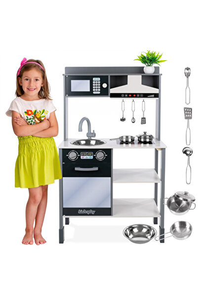 kinderplay Bucatarie din lemn cu Hota Interactiva si accesorii Black