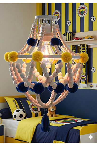 NGAHOME El Yapımı Dekoratif Ahşap Boncuklu Ponpon Avize –Sarı Lacivert Çocuk ...