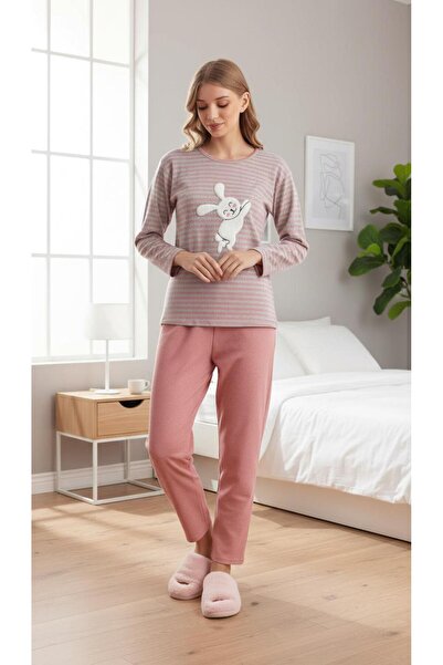 new ats Pink Striped Rabbit Patterned Pajama Set Cotton