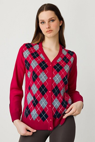 Desen Triko Women's V-Neck Front Checkered Cardigan Dark Red
