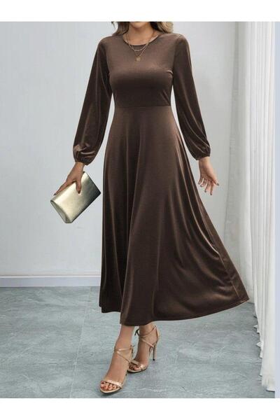 Lotus Boutique Kahverengi Uzun kollu bisiklet yaka kadife elbise