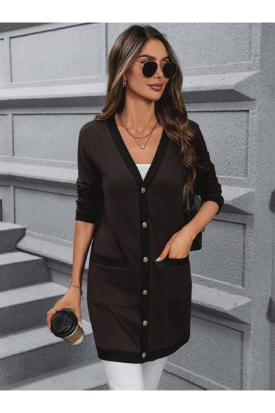 Lotus Boutique Önden düğmeli kahverengi modal kumaş hırka