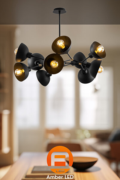 AmberLED Metal Gövdeli 10'Lu Avize Pütürlü Siyah, Salon ve Kütüphane İçin E27...