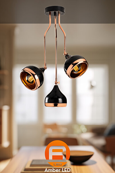 AmberLED Parlak Siyah Metal Gövdeli 3'lü Avize Salon ve Yatak Odası İçin E27 ...