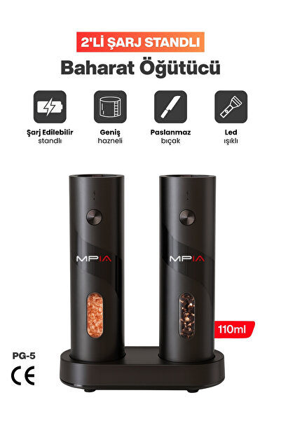 MPIA 1 Ay Kullanımlı Şarjlı Baharat Öğütücü 2’li 110 ml LED Paslanmaz Çelik B...