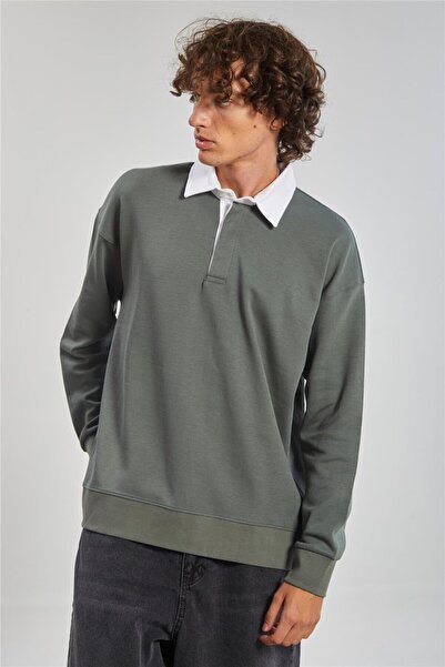 BARRELS AND OIL Shirt Collar Oversized Men's Sweatshirt - Pine Green