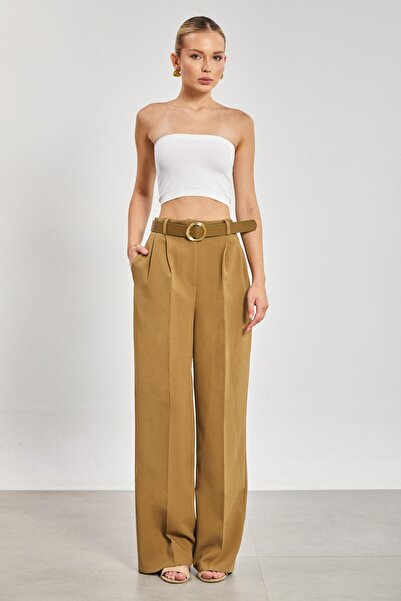 BARRELS AND OIL Belted Pleated Palazzo Fabric Women's Trousers - Khaki