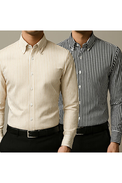 zaos fashion 2 Lİ AVANTAJLI SET ÇİZGİLİ ERKEK GÖMLEK TİŞÖRT