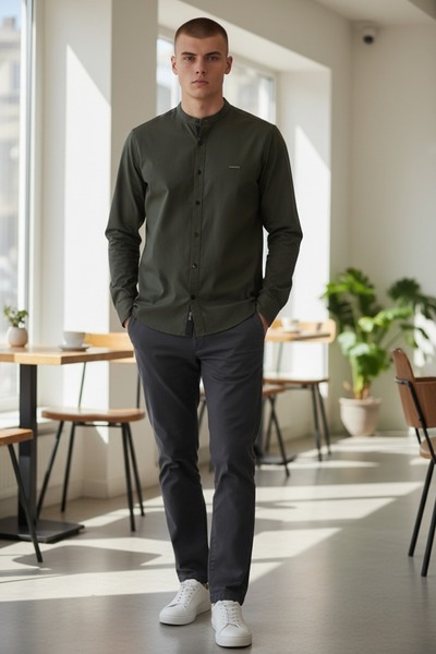 MODA Gabardin Yakasız Modern Kesim Rahat Gömlek – Dökümlü Şık Model